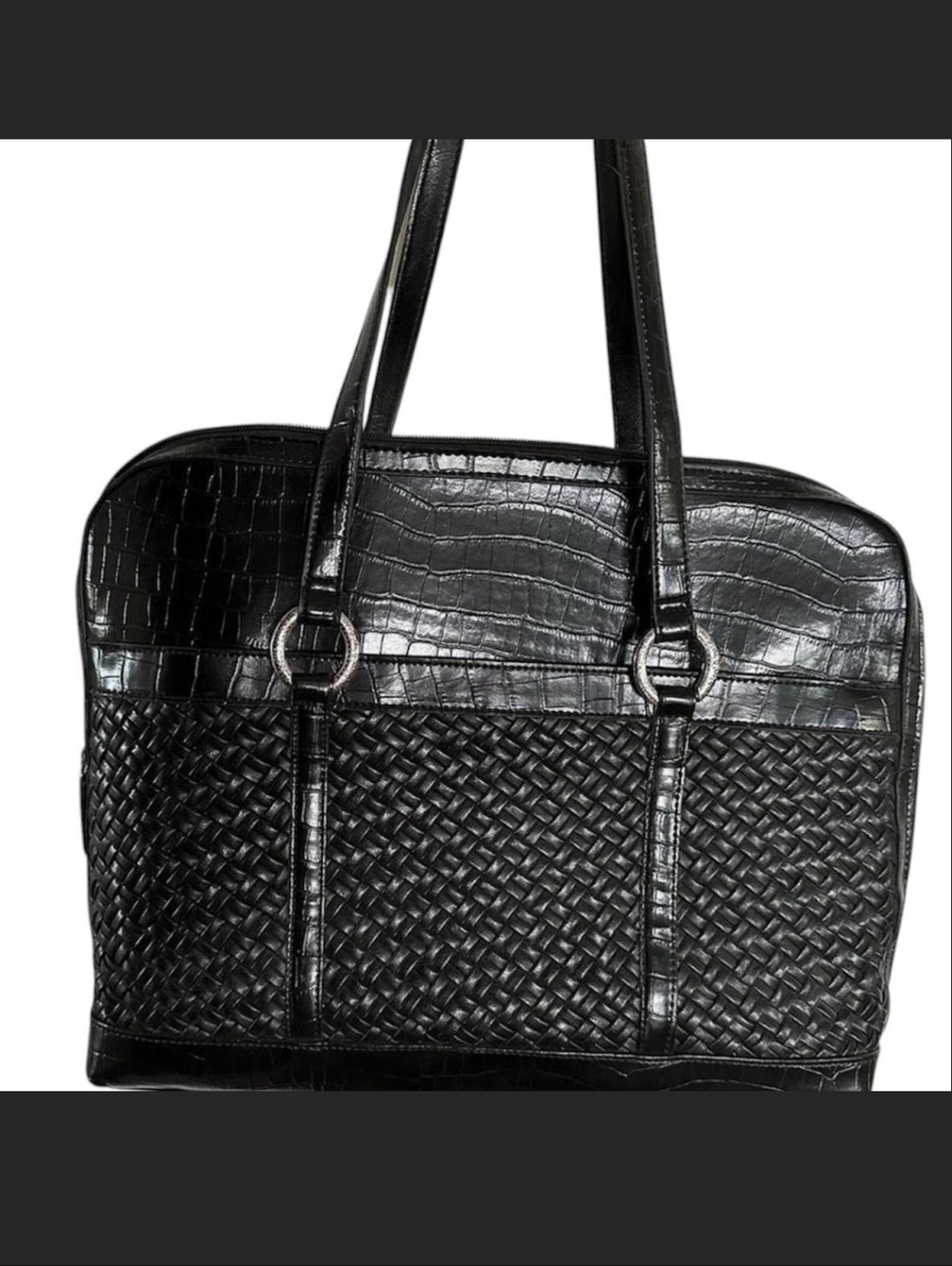 NWT Coldwater Creek Black Woven Laptop Computer Faux Croc Tote Bag